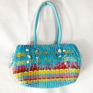 Tropical Trends | Handmade Turquoise Woven Shell Accent Bag–Boho Beach -Vacation